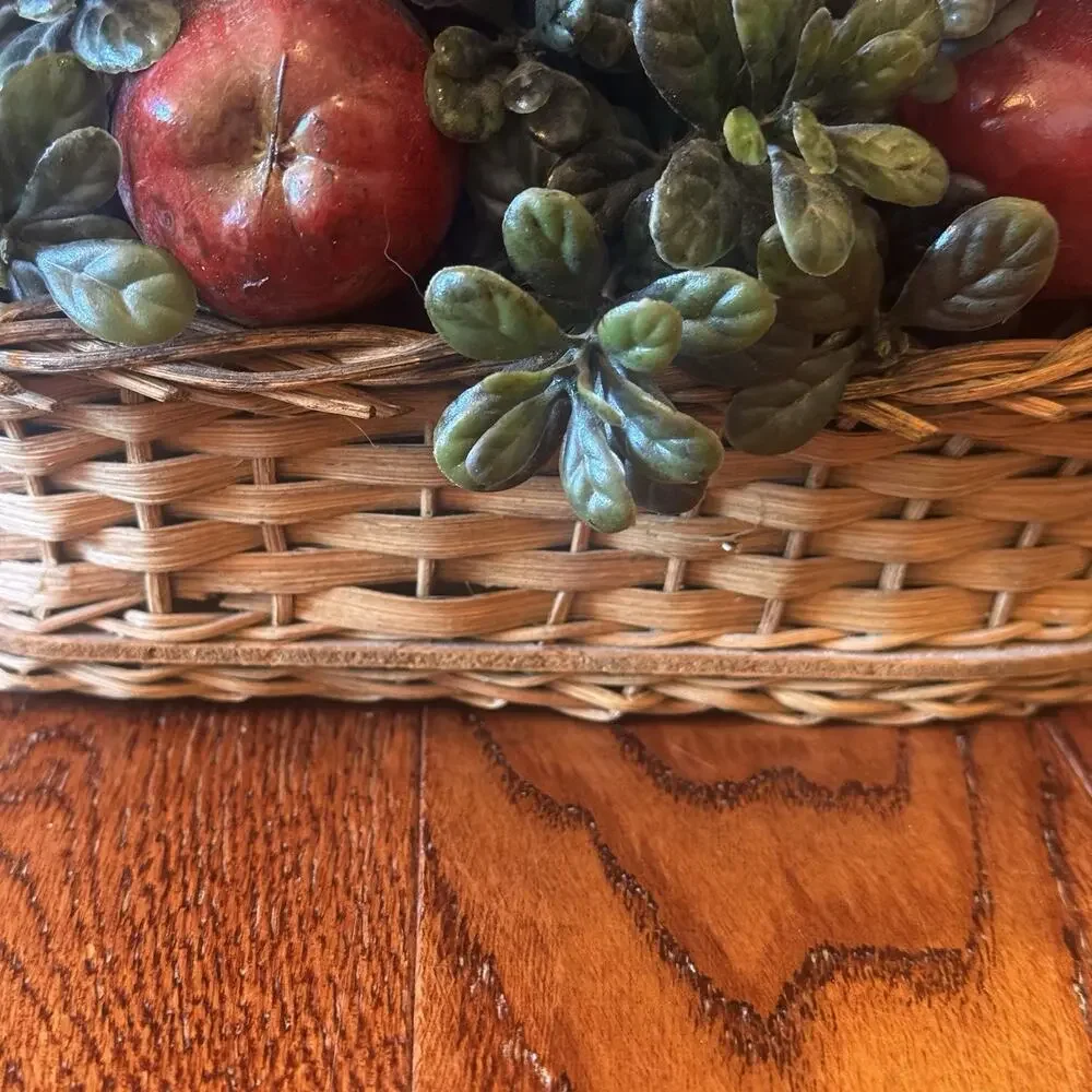 Vintage Plastic Fruit Arrangement Woven Basket Walnuts Apples Grapes Ladybug MCM